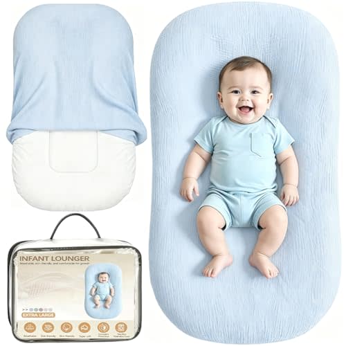 Infant Support Cushion, Extra Large Muslin Baby Lounger for Newborn 0-24M | Portable Breathable Soft Newborn Support Pillow for Home Travel, Includes 1 Lounger+ 1 Replacement Cover, Blue