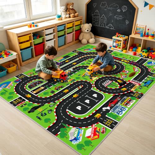 Kids Play Rug 4x5 Ft, Non-Slip Race Track Car Rug Play Mat | Washable Soft Road Carpet for Boys Room, Playroom, Bedroom, Classroom