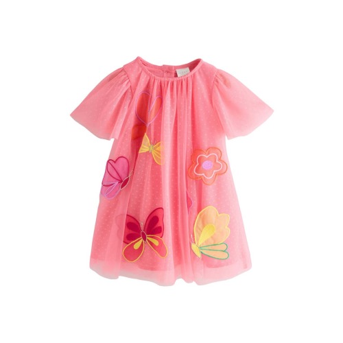 Kids' Butterfly Appliqué Mesh Party Dress