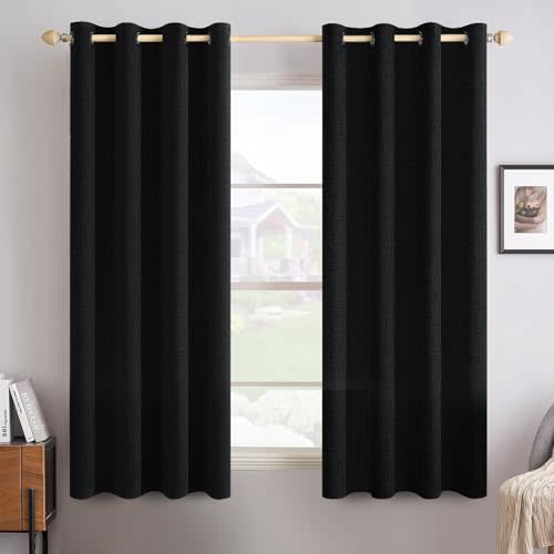 MIULEE 100% Blackout Linen Curtains for Bedroom 52x63 Inches Black | Room Darkening, Light Blocking, Thermal Insulated, Grommet Top, Linen Textured, Window Curtains for Living Room, 2 Panels