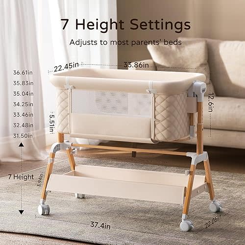 VBSUTO 3 in 1 Baby Bassinet Bedside Sleeper,Bedside/Rocking Bassinet for Baby with Waterproof Comfy Mattress and Lockable Wheels,7 Adjustable Height, Easy Folding Portable Crib for Newborn-Khaki