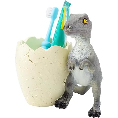 FlidRunest Dinosaur Kids Toothbrush Holder Tooth Brush Organizer for Bathroom - Sturdy Resin Dino Tooth Brush Holder - Easy to Clean - Dinosaur Bathroom Decor for Birthday, Children's Day-Grey