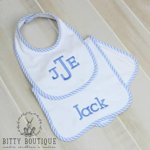 Blue Seersucker Monogrammed Burp Cloth & Bib Set