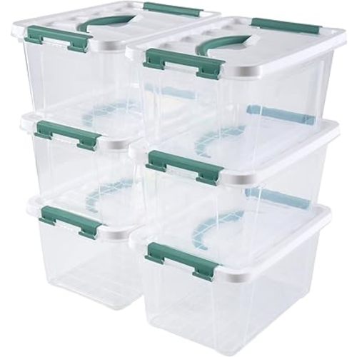 6 Quart Plastic Stackable Storage Latch Bins,Clear Latching Box with Handle and Lid,Pack of 6 (Green Handle)