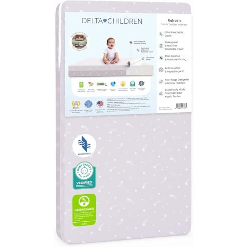 Delta Children Refresh 2-Stage Crib and Toddler Mattress - Breathable Cover and Core - Machine Washable - GREENGUARD Gold – Waterproof - Sustainably Sourced Core, Pink