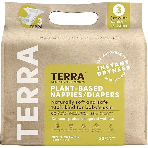 Terra Size 3 Diapers: 85% Plant-Based, Ultra-Soft & Chemical-Free for Sensitive Skin, High Absorbency for 13-24 lb Babies, 20 Count