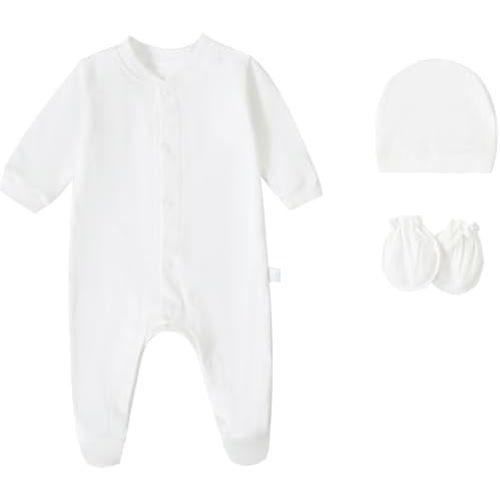 Baby Rompers 0~3 to 3-6 Months 100% Cotton Footies 3PCS Jumpsuit with Solid Hats Mittens Gloves