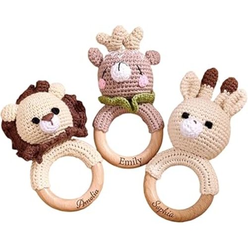 Personalized Crochet Animal Baby Rattle,Custom Engraved Wooden Rattle, Wooden Teething Ring for Baby Boy/Girl,Newborn Gifts
