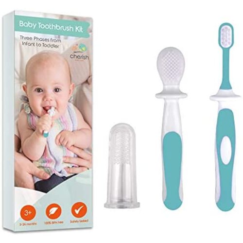 3 Piece Baby Toothbrush Set by Cherish Baby Care - with Infant Finger Toothbrush - Silicone Toothbrush & Toddler Toothbrush - Perfect Babys First Toothbrush Set (Teal)