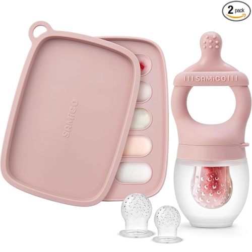 SAMiGO Baby Food Fruit Feeder and Breastmilk Popsicle Mold Set, Silicone Fruit Teether, Food Feeder Pacifier for Teething Relief, Freezer Tray, Baby Feeding Essentials, 4 Months+
