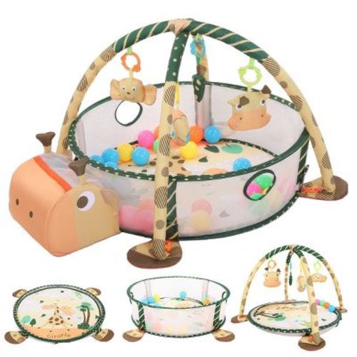 GOTGELIF Giraffe Baby Play Mat & Activity Gym with Pop-Up Fence, 30 Ocean Balls & Hanging Toys - Foldable Tummy Time Center