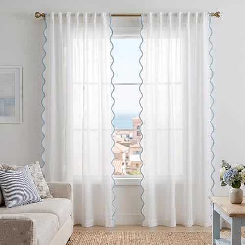 Scalloped White Sheer Linen Curtains 96 Inch Long 2 Panel Set, Floor to Ceiling Light Blue and White Ruffled Whimsical Curtains for Bedroom Living Room
