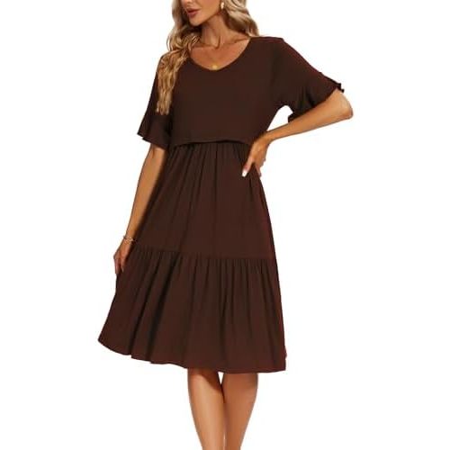 Smallshow Women's Maternity Nursing Dress Ruffle Short Sleeve Breastfeeding Clothes