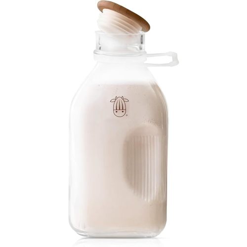 Almond Cow - Glass Pitcher with Lid and Spout, Glass Bottle Milk Container for Refrigerator, Clear Milk Jar Bottles, Food-Grade Liquid Container - 60 fl oz Capacity, 5 x 4 x 10 Inches
