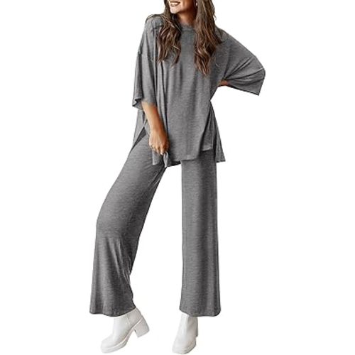 PRETTYGARDEN Women's 2 Piece Outfits Casual Short Sleeve Pullover Tops and Wide Leg Pants Lounge Sets Tracksuits