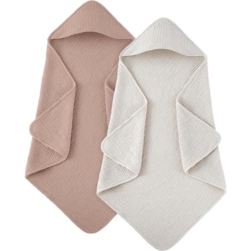 Susurration Hooded Baby Towels for Newborn 2 Pack 100% Muslin Cotton Towel for Babies，Highly Absorbent and Newborn Essential 30x30 Inch Cream&Sand
