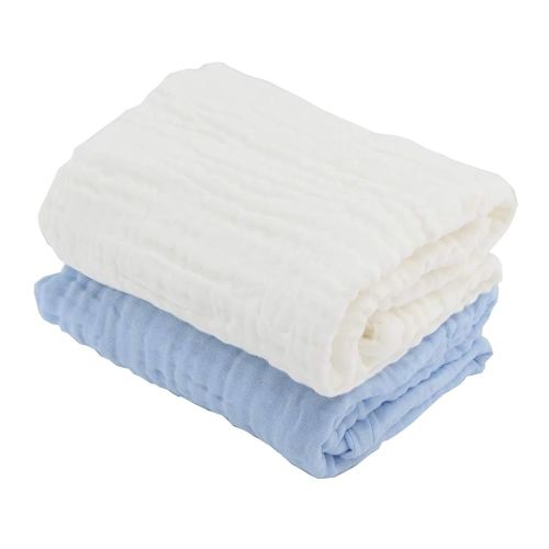 BWinka 2PCS Super Soft 6 Layers Muslin Cotton Newborn Baby/Kids Bath Towels White Also for Baby Blanket(105x105cm) (White+Blue)