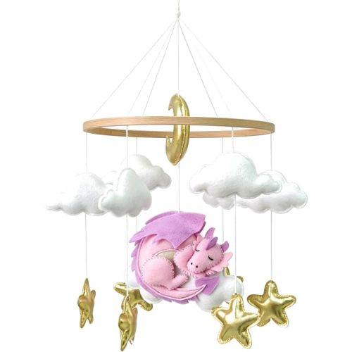 Goukurlsma Dragon Crib Mobile for Girls, Felt Baby Mobile for Crib, Purple and Gold Nursery Decor, Cloud and Star Mobile Hanging, Unisex Infant Soothe Toy Gift