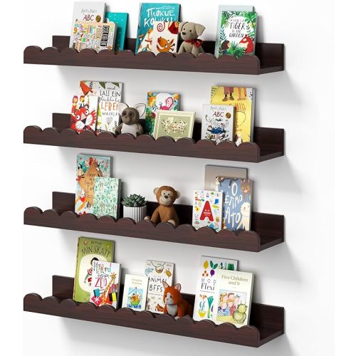 Walnut Scalloped Book Shelf, Dark Wood Nursery Book Shelves Set of 4 Pine Wooden Floating Bookshelf for Wall Cloud Picture Ledge Shelf for Kids Bedroom Baby Child Toddler Room Kitchen (40cm)