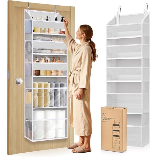 5 Tiers Over Door Organizer with 10 Mesh Side Pockets, 50 lbs Weight Capacity Hanging Storage Organizer with Clear Window Kids Toys, Shoes, Diapers, Light Gray
