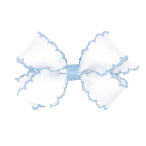 Wee Ones Girls' Classic Grosgrain Moonstitch Edge Hair Bow on a WeeStay Hair Clip, Contrasting Edge, Mini, White with Millenium Blue
