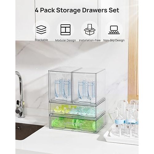 Vtopmart Clear Stackable Storage Drawers Set of 4, Plastic Organizer Bins for Makeup, Cosmetics, Beauty Supplies,Ideal for Vanity, Bathroom,Cabinet,Pantry Organization
