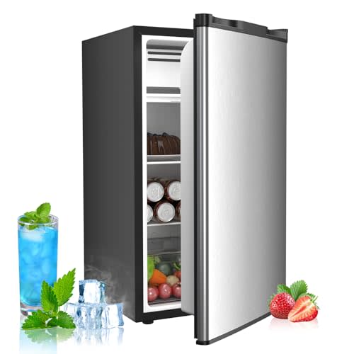 3.2 Cu.ft Mini Fridge with Freezer, Compact Refrigerator with Reversible Single Door, Adjustable Thermostat, Low Noise, Energy Efficient for Office, Dorm, Bedroom, Apartment