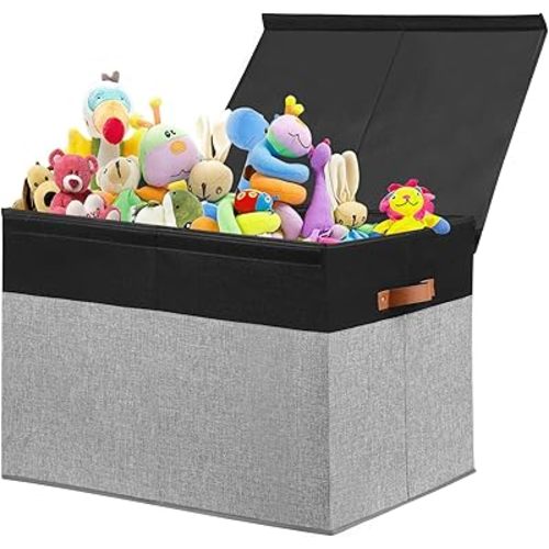 Large Toy Storage Box with Lid, Sturdy Toys Storage Chest Bin Organizer Basket with Dividers for Kids, Boys, Girls, Nursery, Closet, Bedroom, Playroom 26"x17" x17" (Black and Grey)