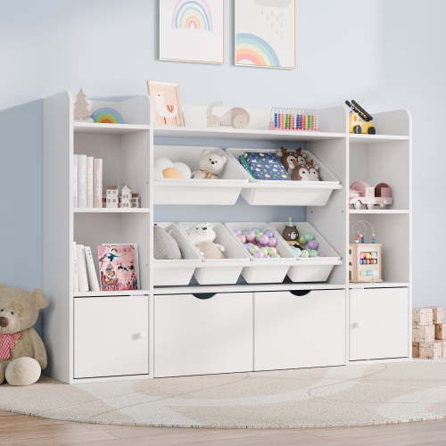 Reasea 6-Bin Toy Storage Organizer for Kids – 4-Tier Bookshelf with 6 Removable Cubbies & 2 Movable Drawers, Kids Toy Shelf for Playroom, Bedroom– White