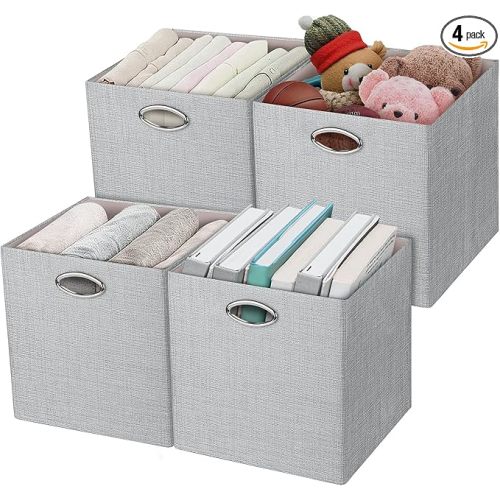Storage Cubes, 12×12 Collapsible Storage Basket Bins,Heavy Duty Fabric Containers, 4pcs, Sliver Grey