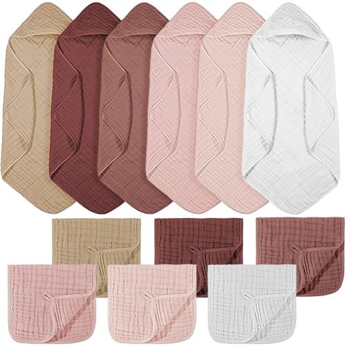 VitalCozy 12 Pcs Baby Muslin Hooded Bath Towels and Washcloths Muslin Cotton Hooded Baby Towels Absorbent Blankets for Gift Newborn Infant Shower (32 x 32 Inch,Girl Style)