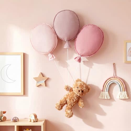 Gejoy 4 Pcs Nursery Wall Decor Fabric Balloon and Khaki Bear 11.8 x 9.8 Inch Oval Balloon Hanging Decoration Bedroom Decor for Baby Shower Boys Girls Gifts Home Accessories(Oval,Pink-toned)
