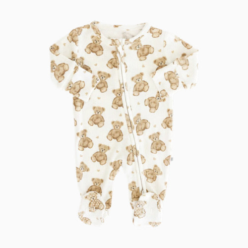 Caden Lane Bamboo Waffle Zipper Footie - Beary Sweet, 0-3 M