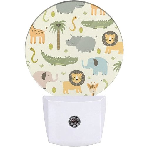 Cartoon Safari Animals Night Lights Plug into Wall Cute Hippo Crocodile Lion Elephant and Giraffe Night Light Auto on/Off LED Lamp Sleep Friendly for Boys Girls