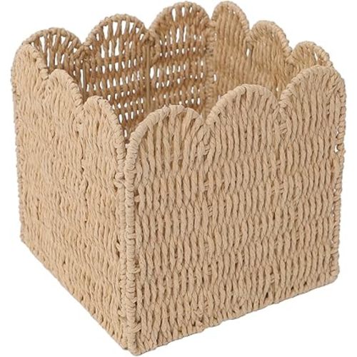 GYASVWU Paper Rope Scalloped Basket, Foldable Scalloped Storage Basket for Organizing, Woven Baskets for Storage,Wicker Baskets for Nursery/Living Room/Kitchen Organizing and Decor (Khaki)