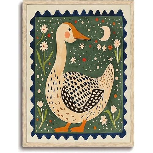KISSFOX OAK Wood Framed Wall Art Duck Wall Decor Floral Canvas Art Animal Pictures Whimsical Paintings Cute Artwork Boho Prints For Nursery Kids Children Playroom Boys Girls