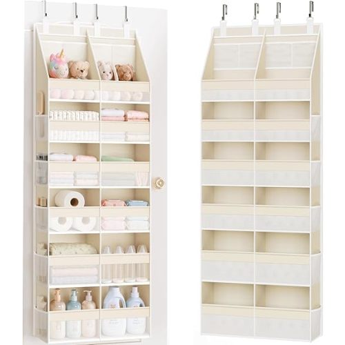 Criusia Over the Door Organizer, Extra Large 12 Compartments Closet Hanging Storage with 14 Mesh Pockets, 85lbs Capacity Behind the Door Storage for Baby Nursery, Bathroom, Bedroom, and Dorm, Beige