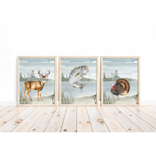 Watercolor Hunting Nursery Prints: Deer, Turkey, Bass - Unframed Set