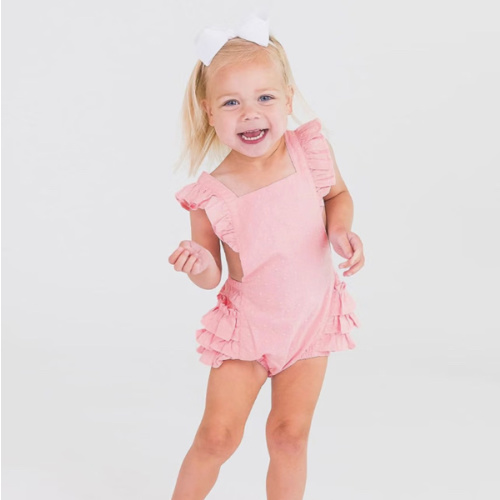 RuffleButts Pink Embroidered Vintage Dot Flutter Overall Romper - 6-12m