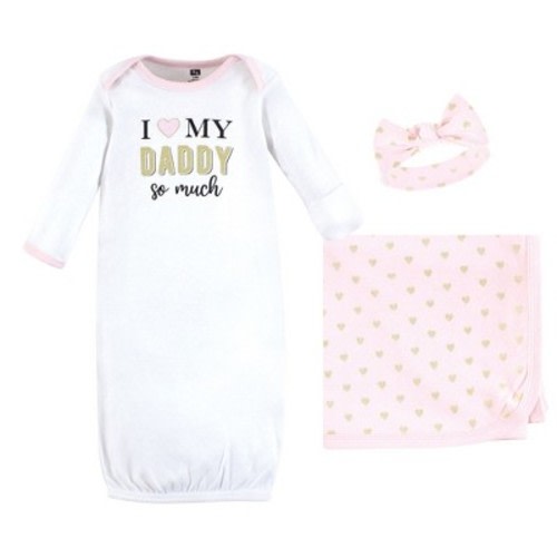 Hudson Baby Infant Girl Gown, Swaddle Blanket and Cap or Headband, Daddy Hearts, 0-6 Months