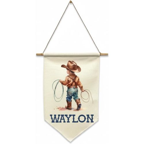 Personalized Cowboy Nursery Wall Banner – Custom Western Baby Boy Name Sign – Rustic Linen Décor