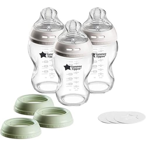 Tommee Tippee Natural Start 9 oz Glass Baby Bottles, Self Sterilizing, BPA & Phthalates Free, 0+ Months, Slow Flow Breast-Like Nipple for a Natural Latch, Travel Jar Lids, Cup Rings, Pack of 3