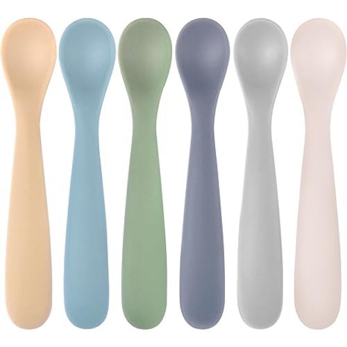 Eascrozn Silicone Baby Spoons Self Feeding 6+ Months, 6 Pack First Stage Baby Led Weaning Supplies, Soft Tip Feeding Spoon, BPA Free, Dishwasher and Boil Safe