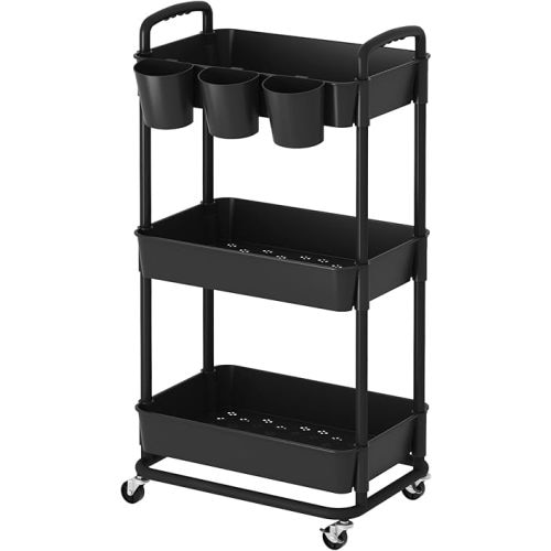 3-Tier Baby Diaper Caddy Organizer Cart with Locking Wheels & Hanging Cups - Rolling Storage Cart for Nursery, Changing Table, Baby Essentials,Black