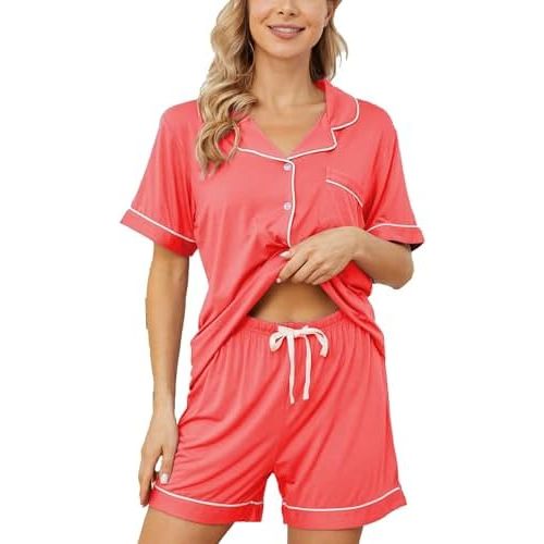 Womens Pajama Sets Short Sleeve Sleepwear Soft Button Down Nightwear Lounge Pj Set XS-XXL