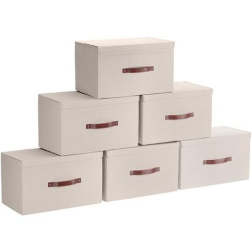 Ornavo Home 6 Pack Foldable Linen Large Storage Bin with Faux Leather Handles and Lid - Beige