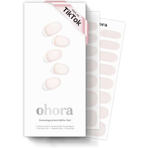 ohora Semi Cured Gel Nail Strips (N Coconut Jelly) - Works with Any Nail Lamps, Salon-Quality, Long Lasting, Easy to Apply & Remove - Includes 2 Prep Pads, Nail File & Wooden Stick