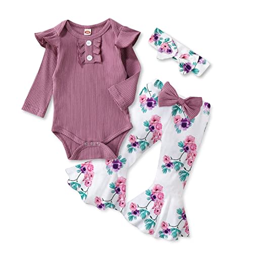 Kislio Newborn Baby Girls Clothes Ribbed Ruffled Romper+Floral Pants+Headband Infant Outfit Set