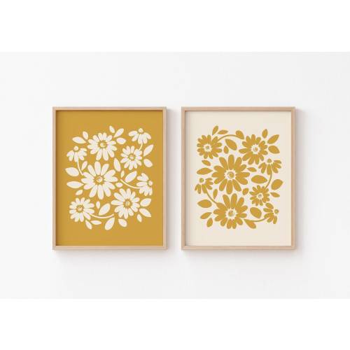 Mustard Floral Wall Art, Modern Boho Botanical Decor, Yellow Flower Digital Print Set, Minimalist Scandi Matching Prints, Neutral PRINTABLE