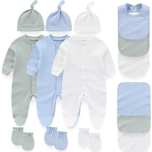 Miki fox Unisex Newborn baby clothes Boy Girl Clothes Sets Cotton Long Sleeve Romper Jumpsuits 15-Pieces Outfits With Baby Mittens Hats Gloves Layette Essentials Giftset